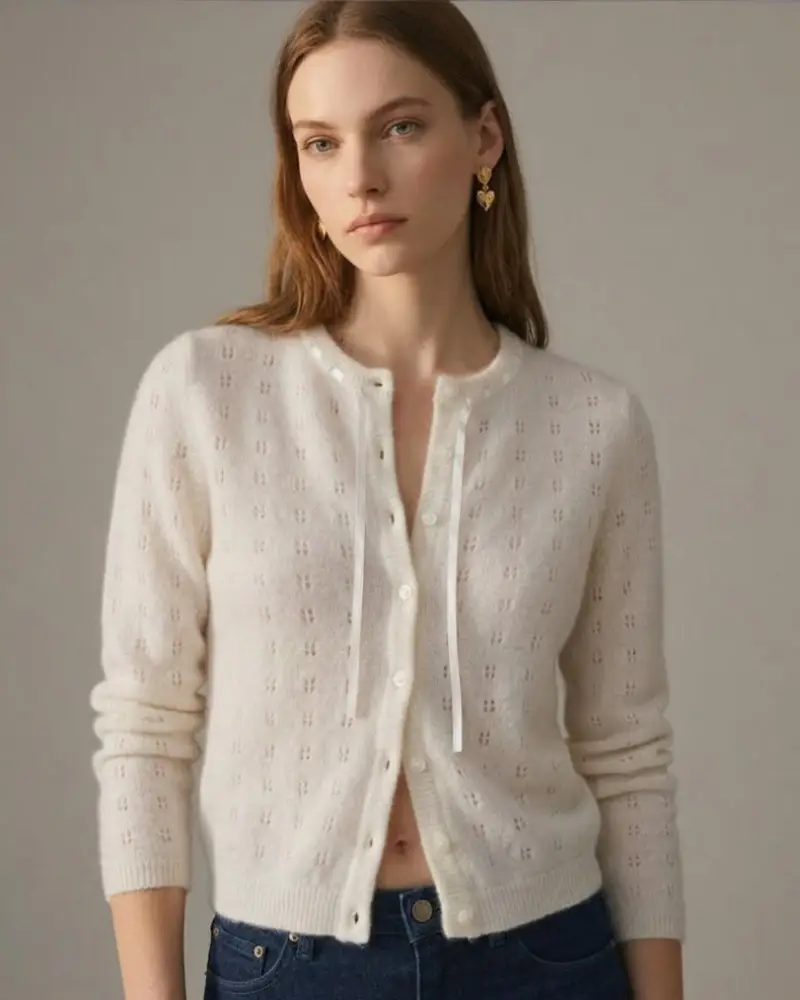 Vellara Knitwear off-white pointelle eyelet knit cardigan with ribbon trim